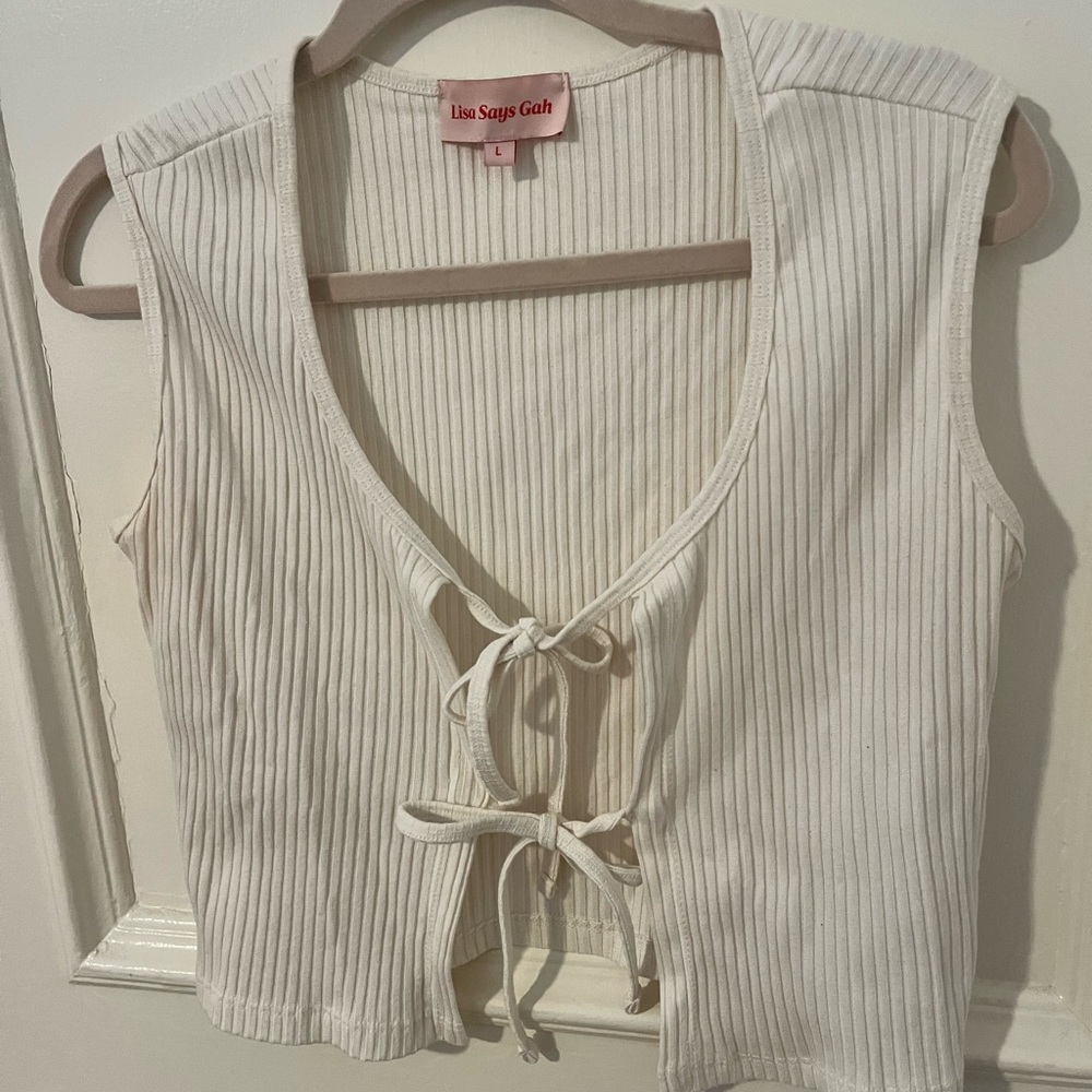Lisa Says Gah Cream Ribbed Tie-Front Top